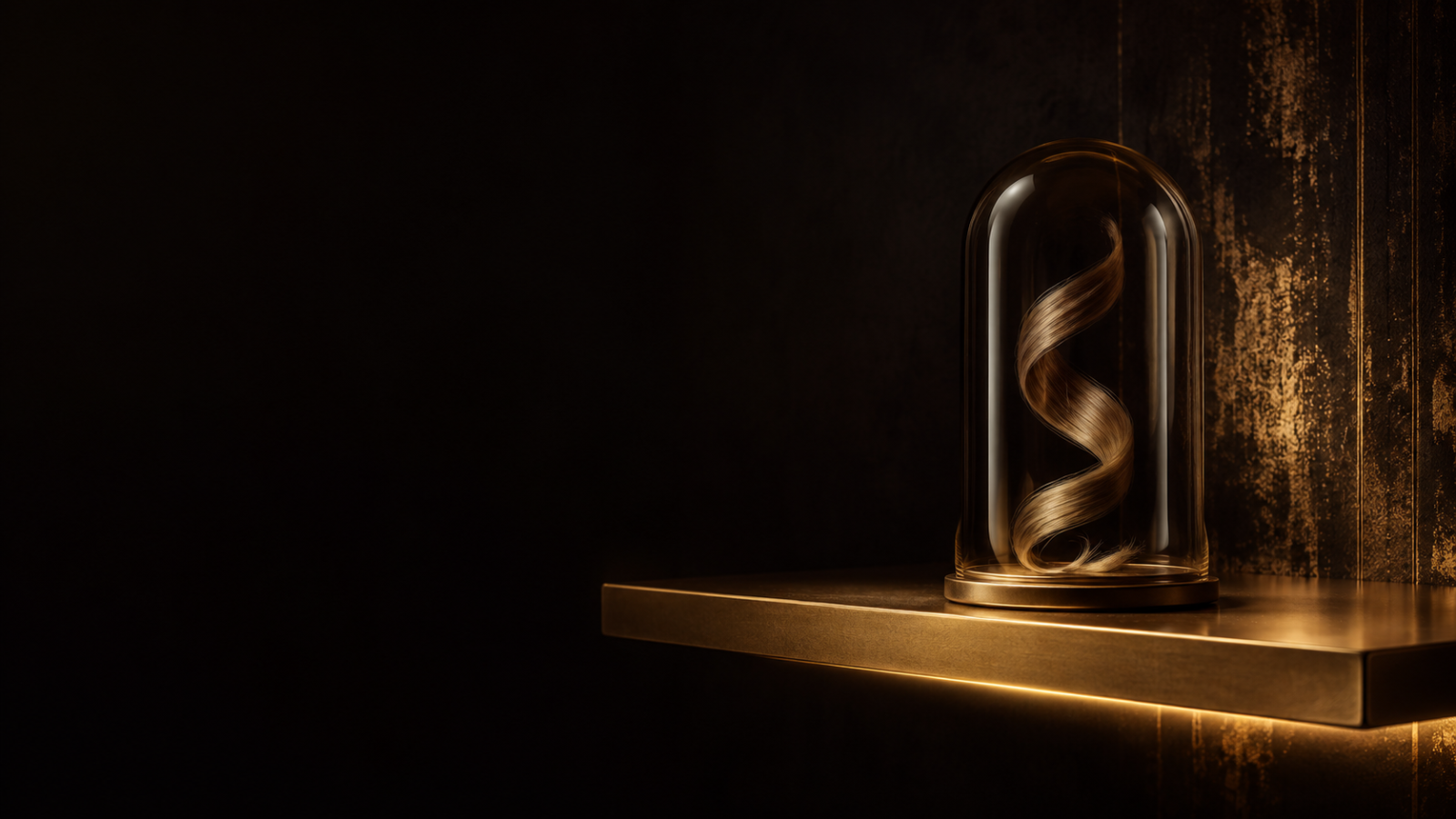 Haarlocke unter Glasglocke auf goldenem Regal – Salon Guide