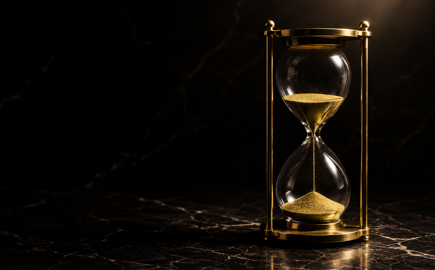 Goldene Sanduhr auf schwarzem Marmor – Symbol für Terminbuchung