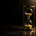 Goldene Sanduhr auf schwarzem Marmor – Symbol für Terminbuchung