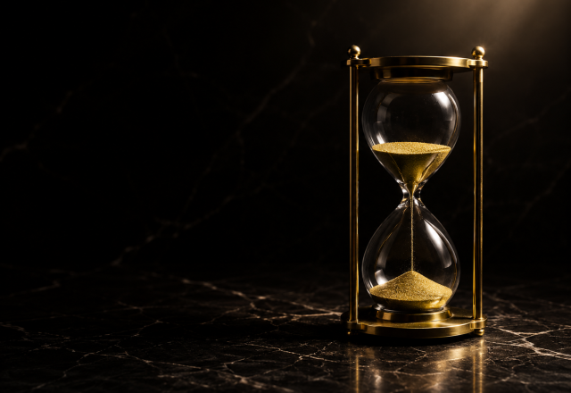 Goldene Sanduhr auf schwarzem Marmor – Symbol für Terminbuchung