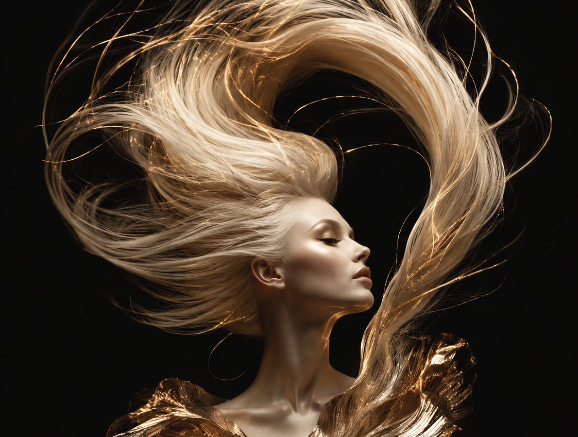 Schwebende blonde Haarwelle mit goldenen Lichtfäden – Editorial-Hairdesign