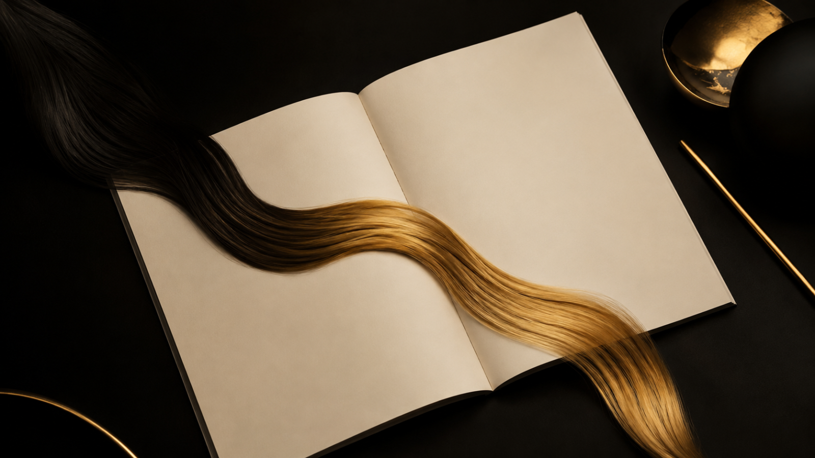 Aufgeschlagenes Magazin mit goldener Haarwelle – Journal
