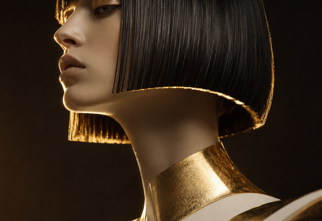 Schwarzer Glass-Hair-Bob mit geometrischer Kante und Goldlicht