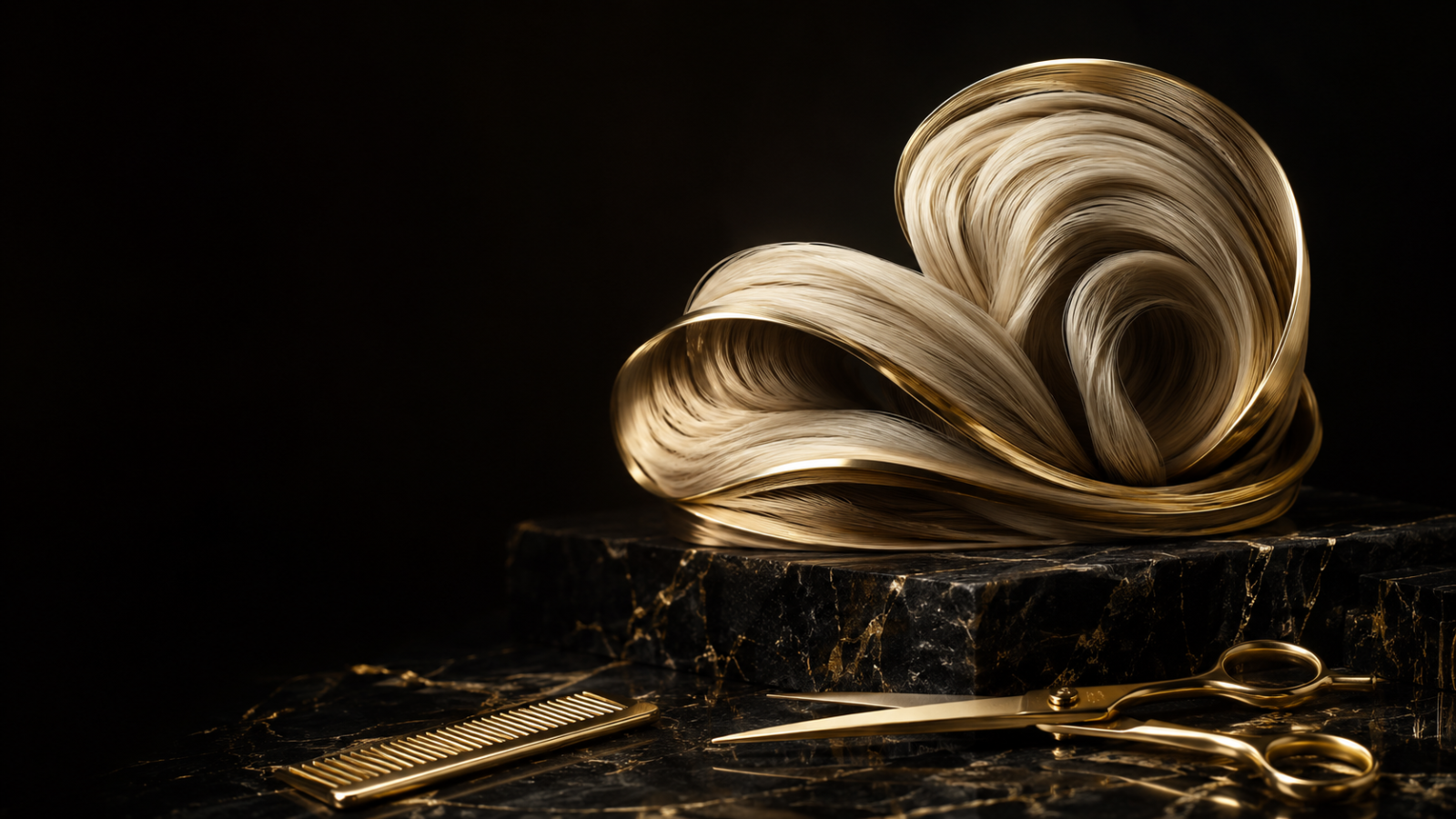 Goldener Kamm und Schere als Stillleben auf schwarzem Marmor