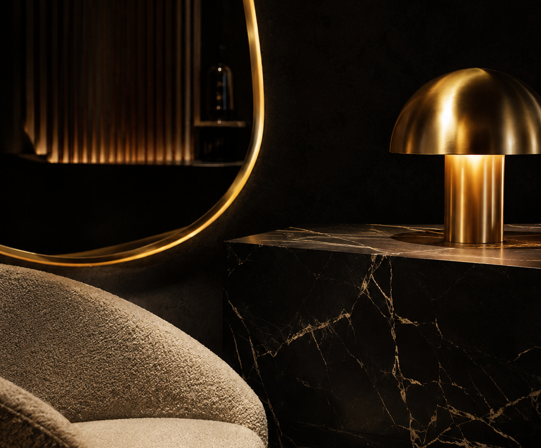 Bouclé-Sessel, schwarzer Marmor und goldene Lampe – Salonvignette