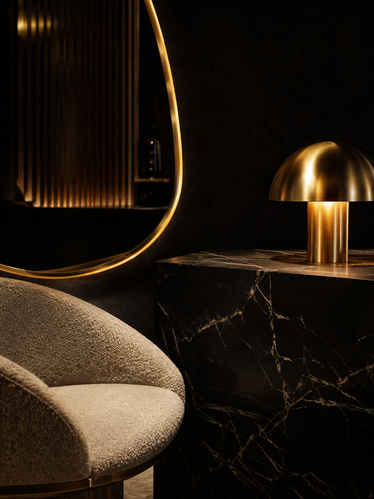Bouclé-Sessel, schwarzer Marmor und goldene Lampe – Salonvignette