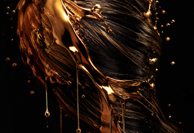Flüssiges Gold fließt über dunkle Haarsträhnen – Signature Farbe