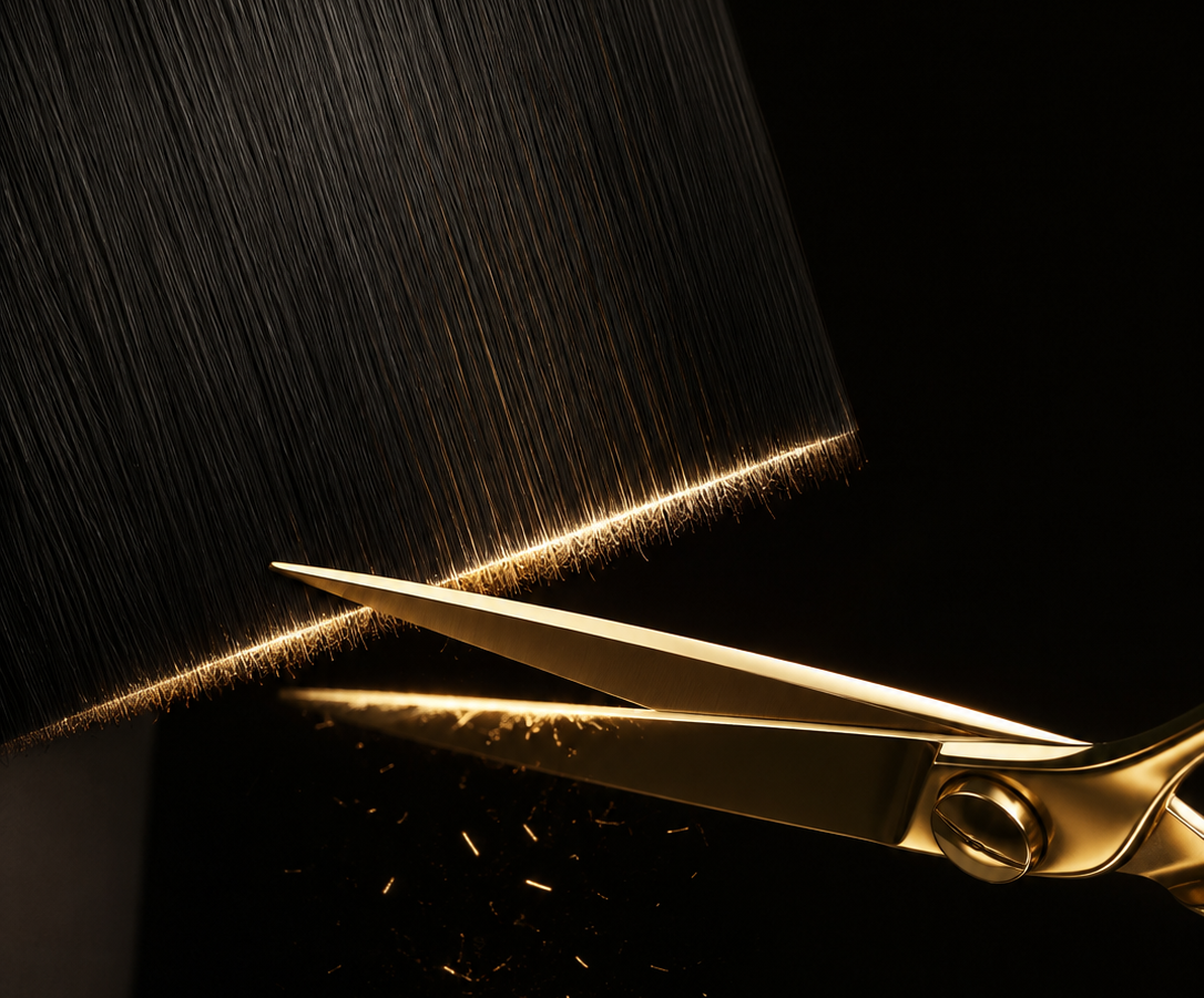 Goldene Schere im Präzisionsschnitt durch schwarzes Haar – Signature Schnitt