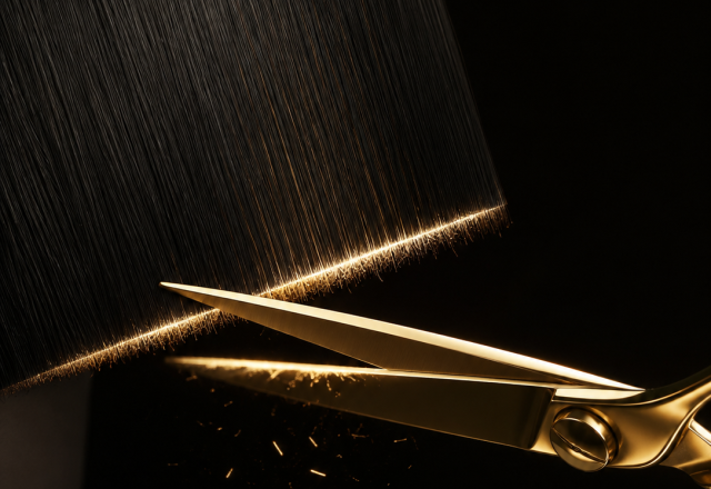 Goldene Schere im Präzisionsschnitt durch schwarzes Haar – Signature Schnitt