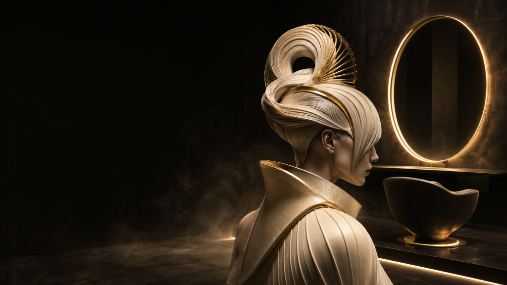Futuristische Salon-Designvision mit goldenem Spiegelring – künstlerische Interpretation