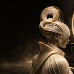Futuristische Salon-Designvision mit goldenem Spiegelring – künstlerische Interpretation