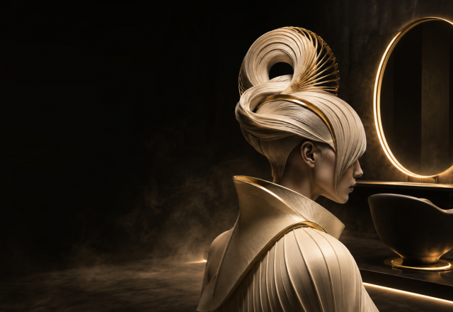 Futuristische Salon-Designvision mit goldenem Spiegelring – künstlerische Interpretation